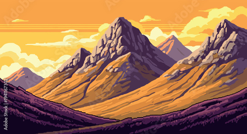 Pixel art mountain landscape at sunset with vibrant colors