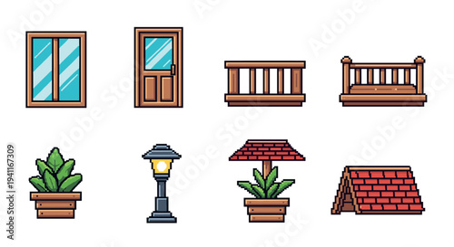 Pixel art home elements: windows, doors, and outdoor decor set