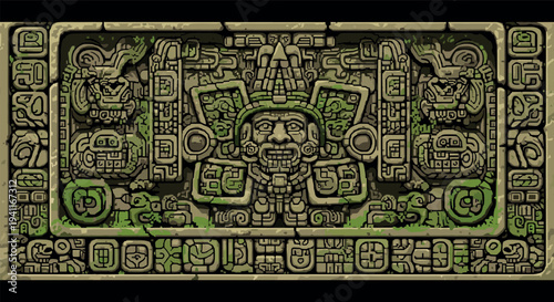 Ancient mayan stone carving featuring intricate patterns and face motif