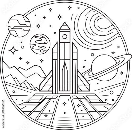 Futuristic Space Line Art Rocket Tower and Planet Illustration Design
