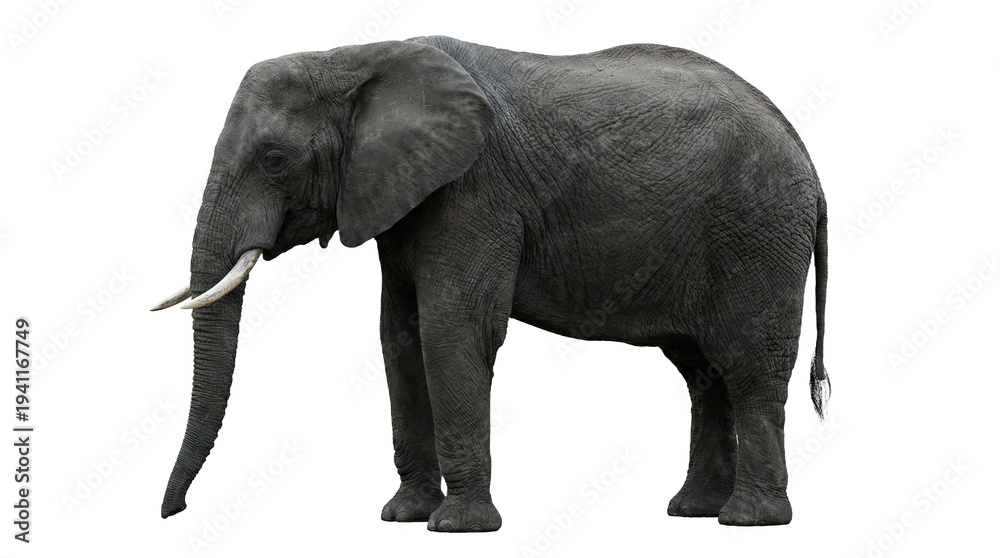 Fototapeta premium An African elephant stands in a full-body side profile on Transparent Background.