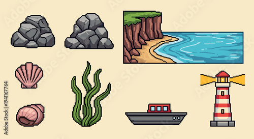 Pixel art coastal elements with lighthouse, boat, and marine life