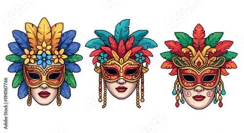 Three festive carnival masks with colorful feathers and florals
