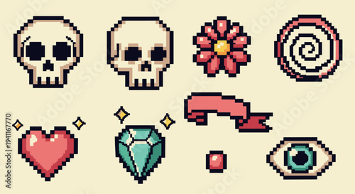 Retro pixel art icons: skulls, hearts, and gemstones