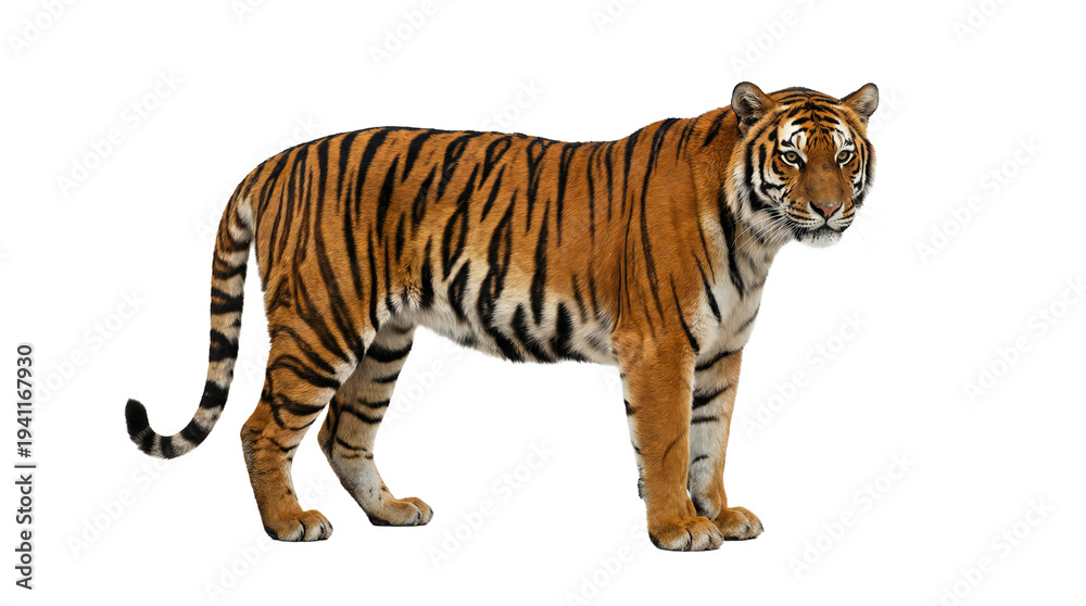 Obraz premium A majestic tiger stands poised and alert, isolated on a stark black background, showcasing its distinctive striped coat.