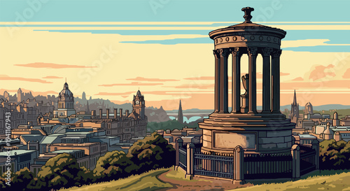 Vintage cityscape with historic monument and scenic skyline in pixel art style