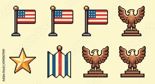 Pixel art icons: american flags, eagles, and patriotic symbols