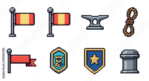 Pixel art nautical flags and icons set with shields and anchors