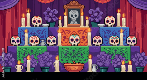 Colorful pixel art altar for day of the dead celebration with candles and skulls