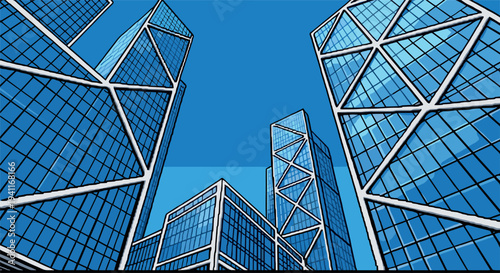 Futuristic geometric skyscrapers against clear blue sky in cartoon style