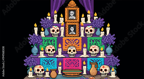 Colorful pixel art day of the dead altar with skulls and candles