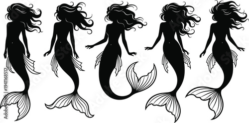 Mermaid silhouette collection with flowing hair and fish tail, fantasy sea creature characters isolated design set, flat vector illustration