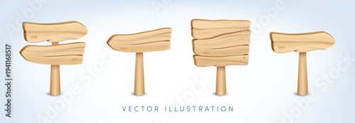 Vector cartoon 3d signboard set. 3d realistic empty wooden right, left direction arrow and plaque. Wood texture light brown pointers collection. Wooden choice signpost sign, vintage street road banner
