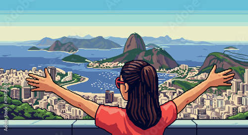 Pixel art cityscape with woman admiring mountain and ocean view