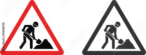 Men at Work Construction Sign Set, Roadwork Warning Symbol, Manual Laborer Digging with Shovel, Site Safety Icons Isolated on White.