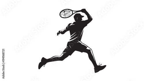 Tennis Player Silhouette in Dynamic Action with Racket in Dramatic Black and White Illustration for Sports