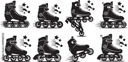 Black and white roller skates with motion and stars