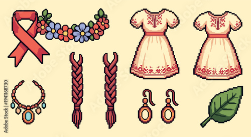 Pixel art traditional dress and accessories set with folk motifs