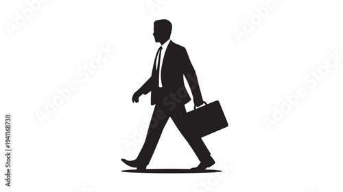Businessman walking with briefcase in minimalist silhouette style with dark tone on white background for corporate illustration