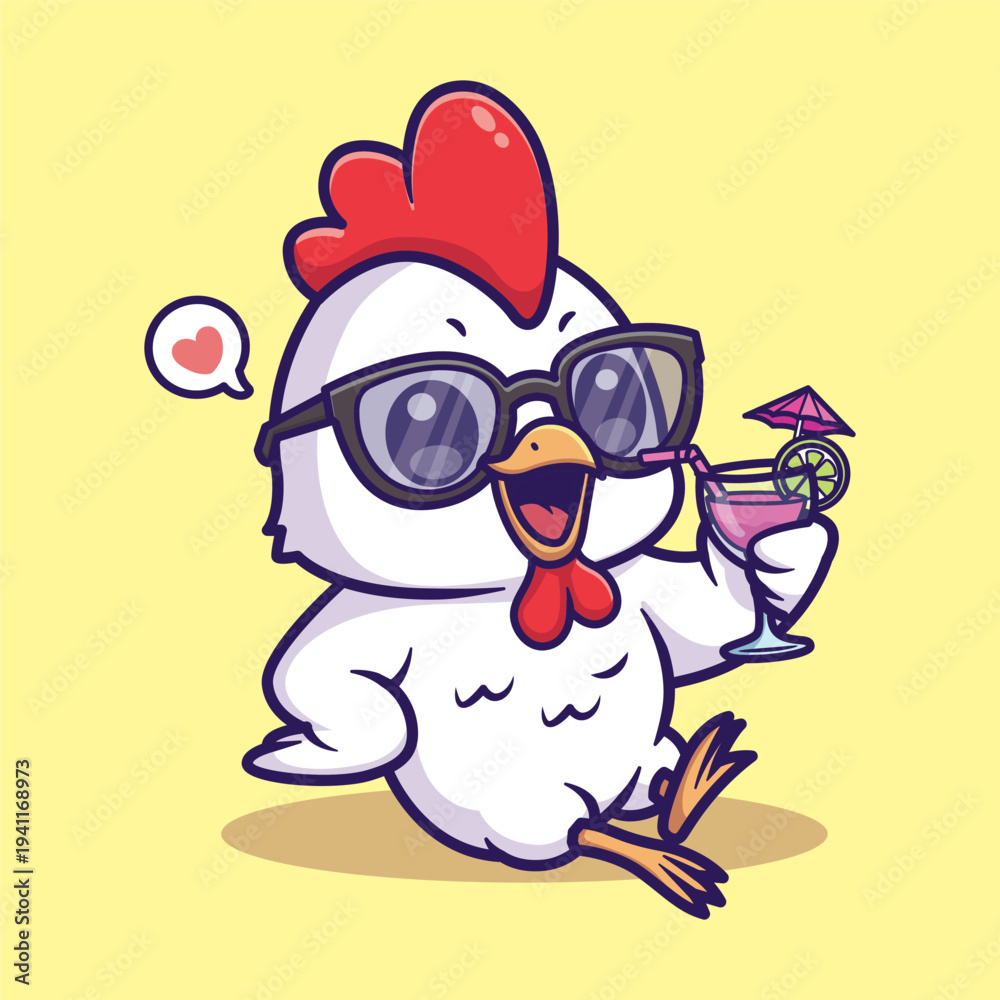 Obraz premium Cute Chicken Drinking Cocktail Cartoon Summer Illustration