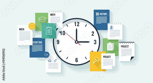 Clock surrounded by notes and documents representing time management and deadlines.