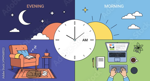 Day and Night Clock Morning Productivity vs Evening Relaxation.