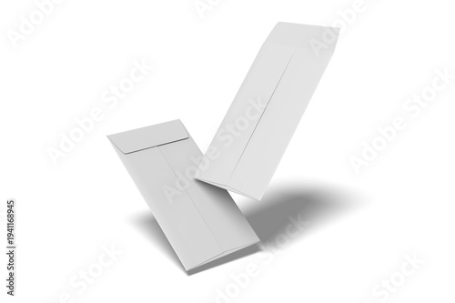 Two Blank White DL Envelopes Floating Dynamic Perspective Isolated, 3D Illustration