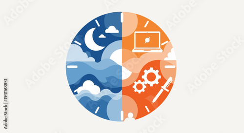 Day and Night Cycle Work Rest and Productivity Illustration.