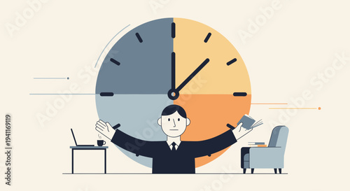 Man managing time effectively with clock background.