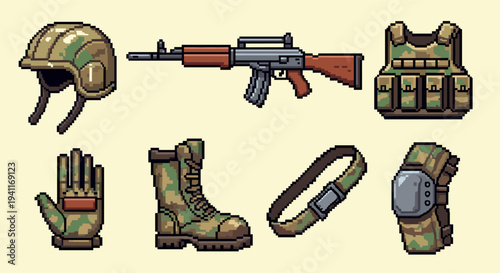 Pixel art military gear set featuring helmet, rifle, and camouflage accessories