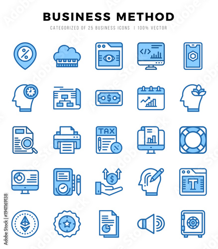 Set of Business Method Icons. Simple Two Color art style icons pack.