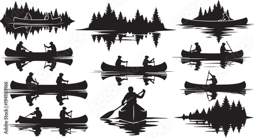 Canoeing Silhouettes on a Peaceful Lake at Sunset Time