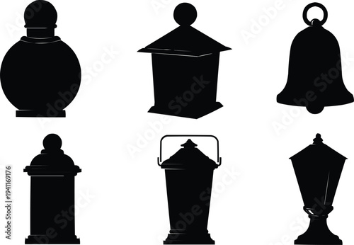 The image features a collection of six black silhouette icons, each representing different antique lamps and a bell, all set against