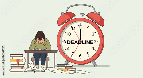 Stressed Student Facing Deadline with Books and Alarm Clock.