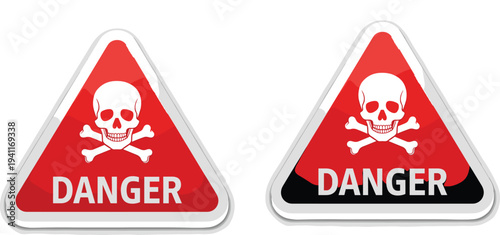 Red danger triangle signs with skull and crossbones icon and warning text for toxic hazard, poison risk, and safety alert