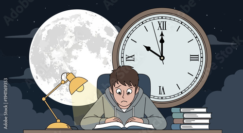 Stressed Student Studying Late at Night with Books and a Lamp.