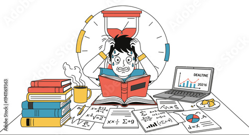 Stressed Student Overwhelmed by Studies Facing Deadline Pressure with Books and Laptop.