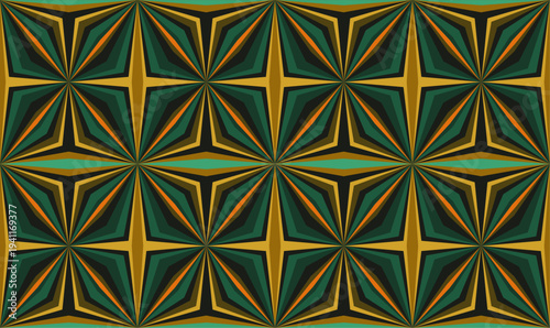 Symmetrical Art Deco Geometric Pattern in Green and Gold Earthy Tones