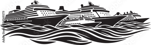 Cruise ships sailing on the ocean in black silhouette