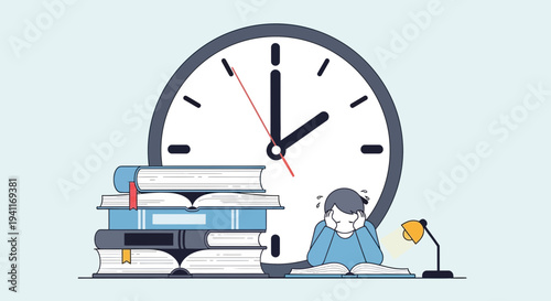 Stressed Student Studying Late with Books and Clock.