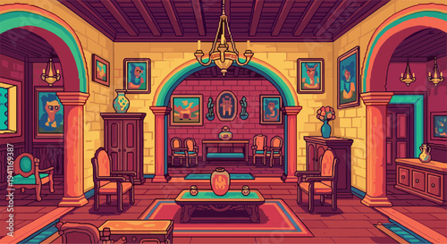 Vintage pixel art interior with classic furniture and warm colors in a cozy room setting
