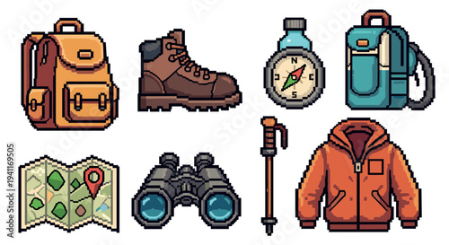 Retro pixel art outdoor adventure gear set featuring backpack, hiking boots, compass, and more