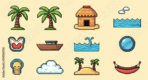 Pixel art tropical icons: beach, ocean, and island set for retro designs