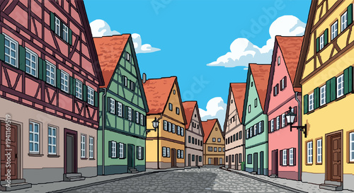 Charming pixel art of colorful european street with traditional architecture