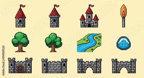 Medieval fantasy pixel art icons featuring castles, trees, and landscapes