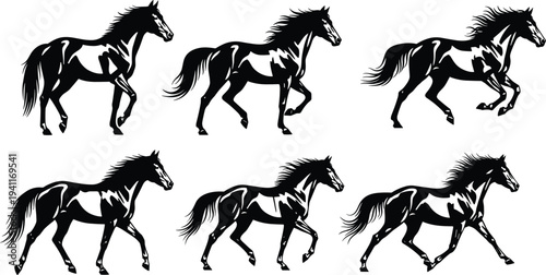 Running horse silhouette collection showing galloping motion poses, powerful wild animal movement set isolated design, flat vector illustration