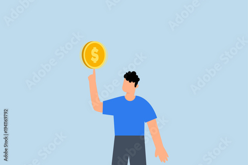 Financial plan investment strategy, Businessman with assurance spinning large coin on his fingertip.