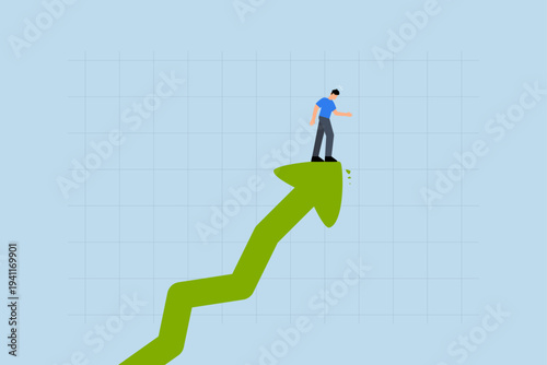 Fear of stock market, Businessman investor is at peak with soaring arrow, feeling anxious as he gazes downwards