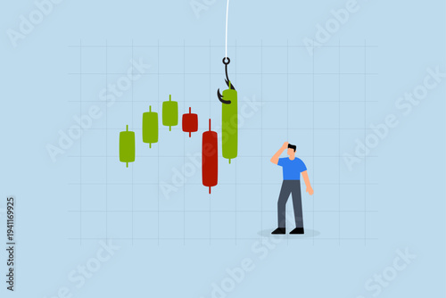 Candlestick signal to buy or sell in crypto trading, Businessman trader is contemplating while studying  green graph with fishing lure.