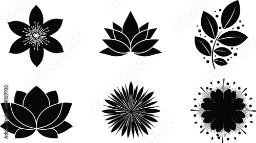 Set of black floral silhouettes including lotus flowers, leaves, and blossoms, decorative garden elements, botanical icons isolated on white background, vector.